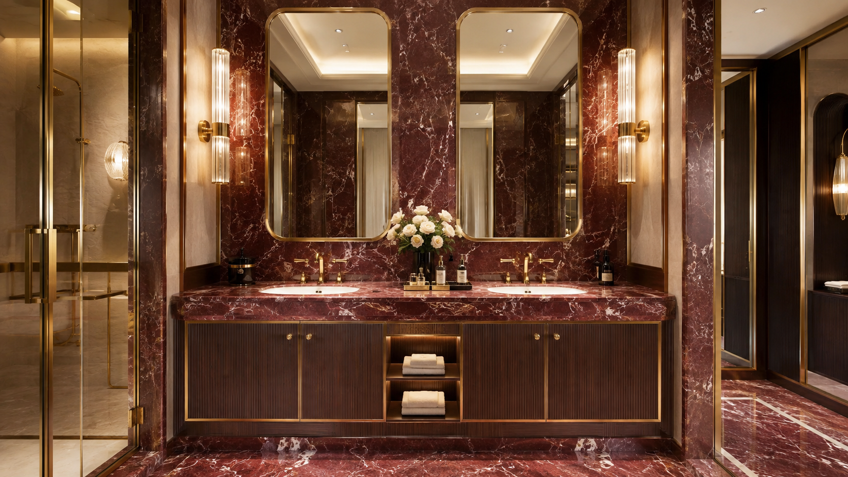 Spacious master bathroom double vanity with red marble countertop and brass trim